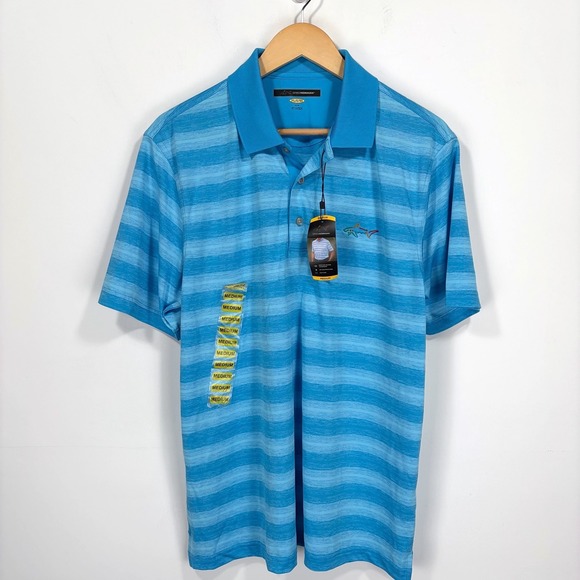 Greg Norman Play Dry Performance Polo Golf Shirt Men Medium Blue Striped Stretch - Picture 12 of 13